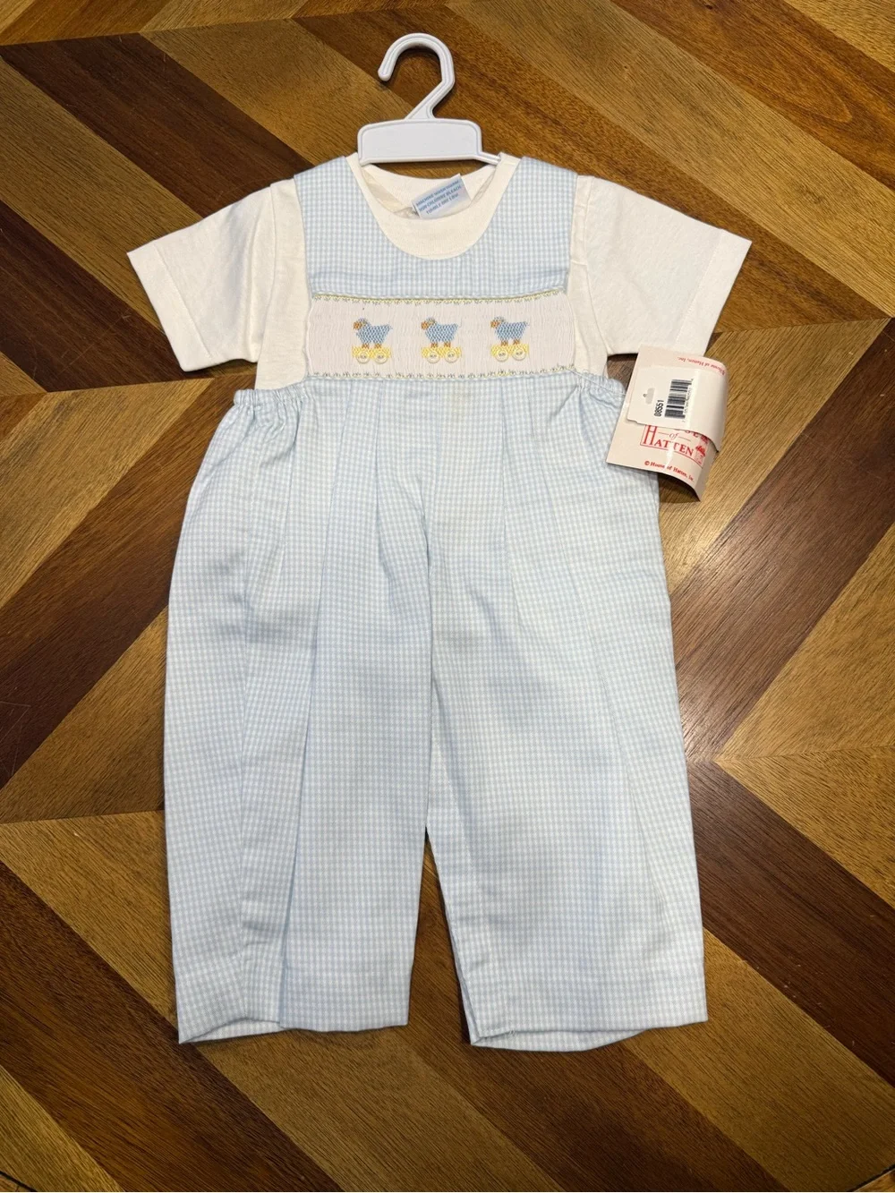 House of Hatten Vintage Blue Gingham Matching Set with Embroidered Lambs 0-3 mos